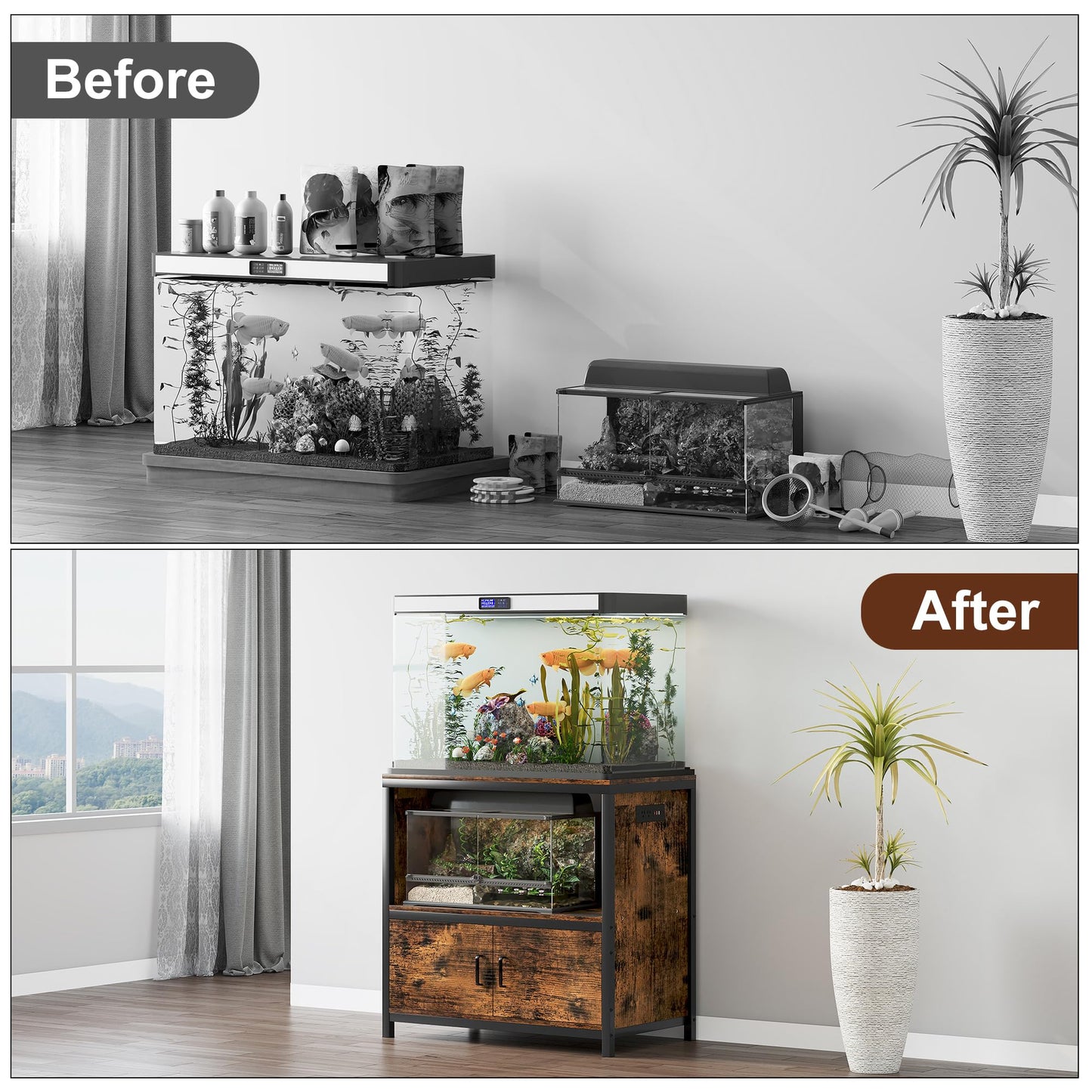 TQVAI 50-75 Gallon Fish Tank Stand with Power Outlets, Heavy Duty Aquarium Stand with Cabinet Storage Fish Tank Accessories, Large Reptile Terrarium Tank Stand, Black/Vintage
