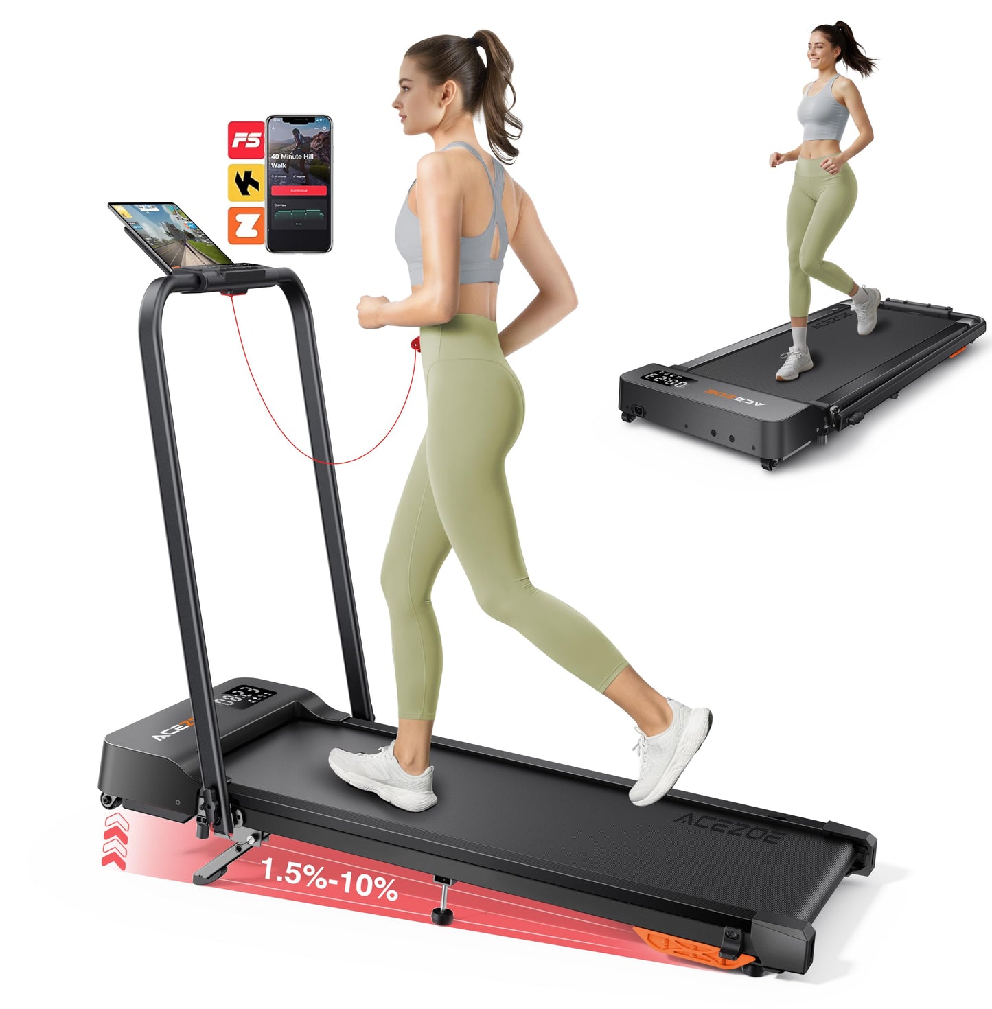 Acezoe Walking pad Treadmill with Incline & Handle Bar, Folding Treadmill for Home Small Spaces, Compact Portable Under Desk Treadmill,Dual LED Display, 2.5Hp Quiet Running pad, APP, 300 lbs Capacity