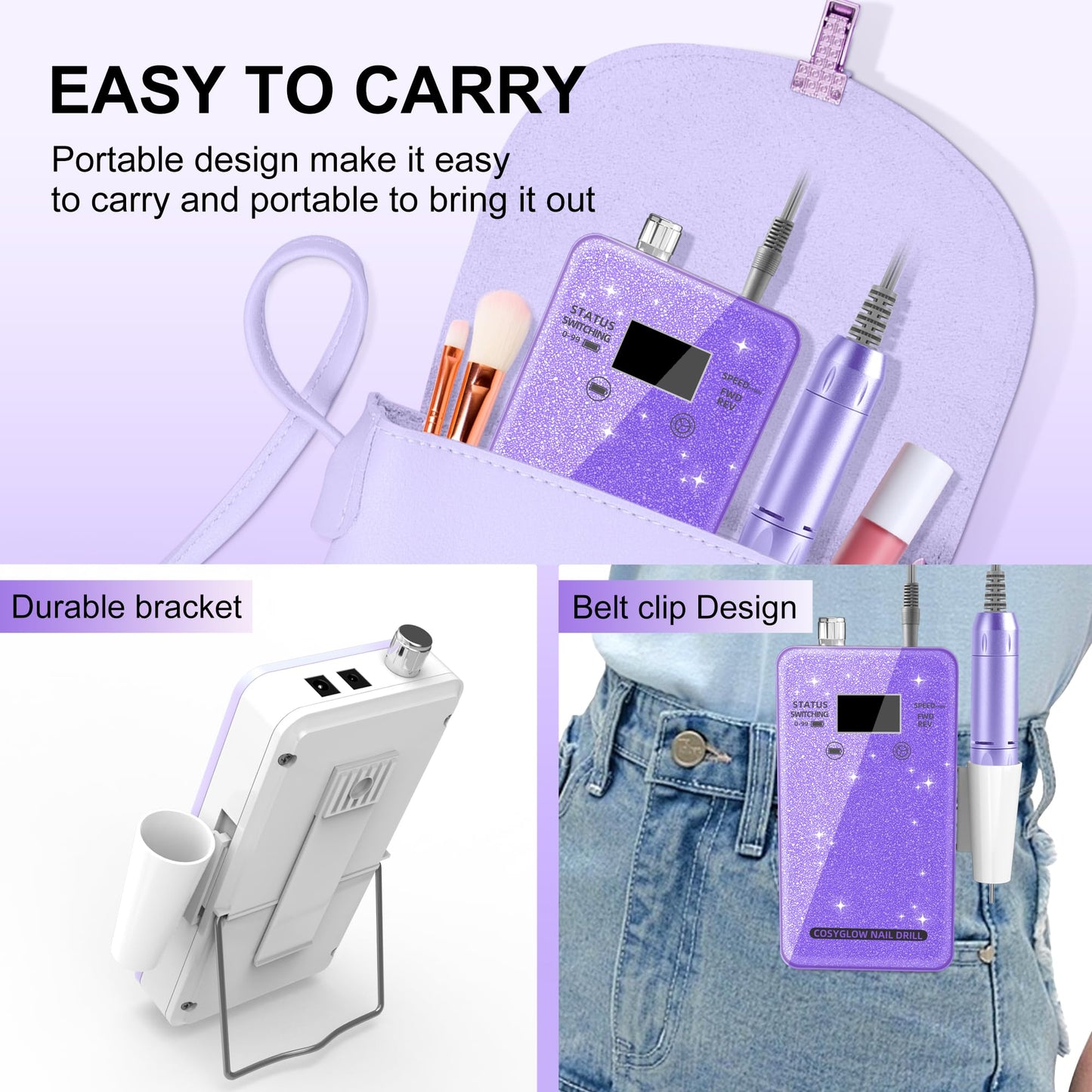Professional Electric Nail Drill File:COSYGLOW Glitter Portable Cordless E-File Nail Drill Kit with 11 Drill Bits,30000 RPM Rechargeable Nail Drills Machine for Acrylic Nails Gel Polishing (Pink)