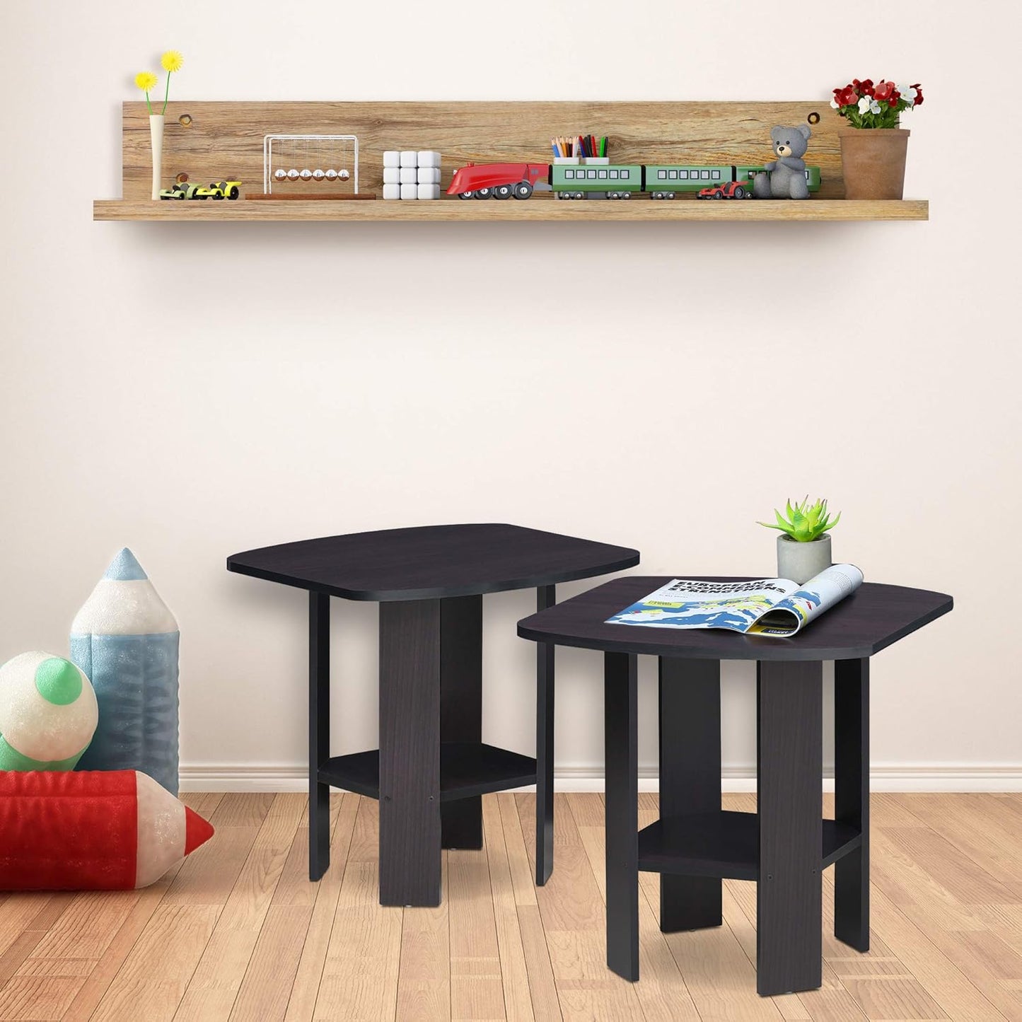 Set 2, 2-Tier Furinno SIMPLE DESIGN Side Table of Modern End Table with Soft Edges, Open Shelves Night Stand, Bedside