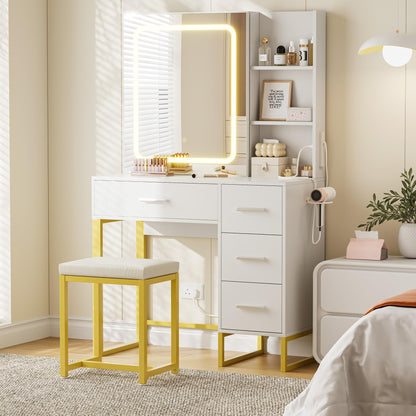 57'' Large Vanity Desk with Mirror & Lights, Makeup Vanity Table with Charging Station,