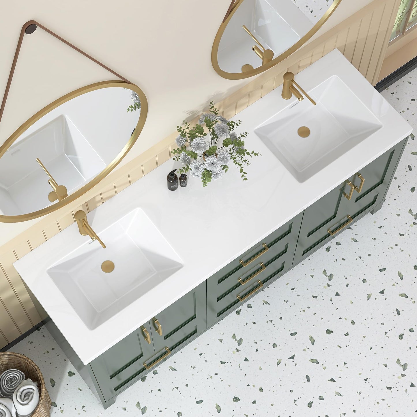 72 x 22 White Vanity Top with Sink Solid Surface Bathroom Vanity Sink Top with Double Sink Integrated Basin and Overflow in Glossy Pure White, Cabinet Not Included