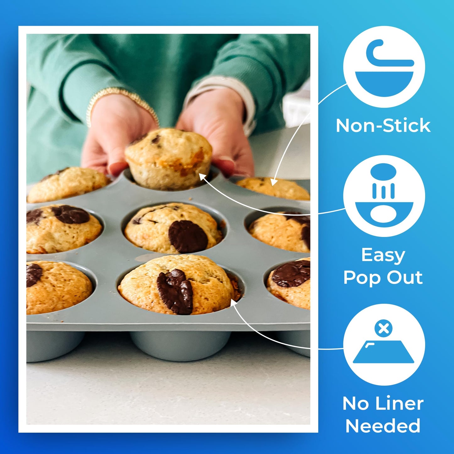 Jenaluca Silicone Cupcake & Muffin Pan for Baking - Set of TWO 12-cup pans, 12x9 Size, Non-stick, BPA Free, Dishwasher Safe - no cupcake liner needed