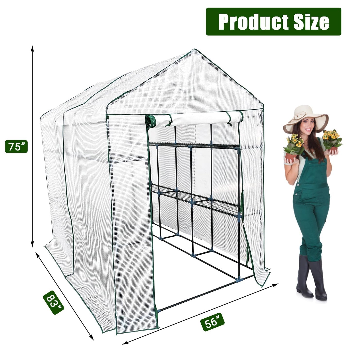 56"x85"x76" Walk-in Greenhouse for Outdoors, Green House Kit with Mesh Windows, UV-Resistant PE Cover, 3-Tier 8 Shelves for Seedling Flowers Growing, White