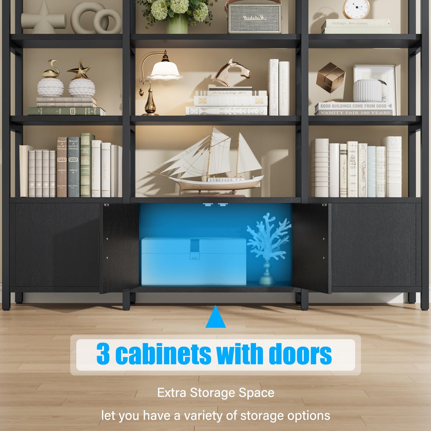 kepptory Tall Arched Bookshelf and Bookcase with 3 Cabinets, Triple Wide 5 Tier Industrial Etagere Open Bookshelf, Wood Book Shelf for Bedroom Living Room (Dark Black)