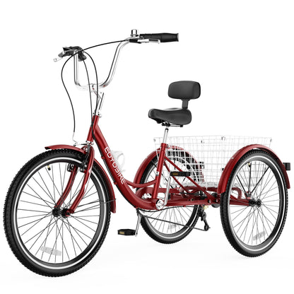 EOYOBIKE Adult Tricycle 3-Wheel Cruiser Bike, Low Step-Through, Heavy-Duty Comfort Trike with Adjustable Handlebar & Spring Saddle, Large Rear Basket, for Seniors & Adults (Merlot Velvet, 26" Tire)