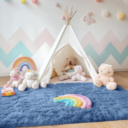 OLANLY Area Rug - Soft Fluffy Shaggy Design | Machine Washable 4x5.9 ft - Perfect for Living Room & Nursery Decor, Blue