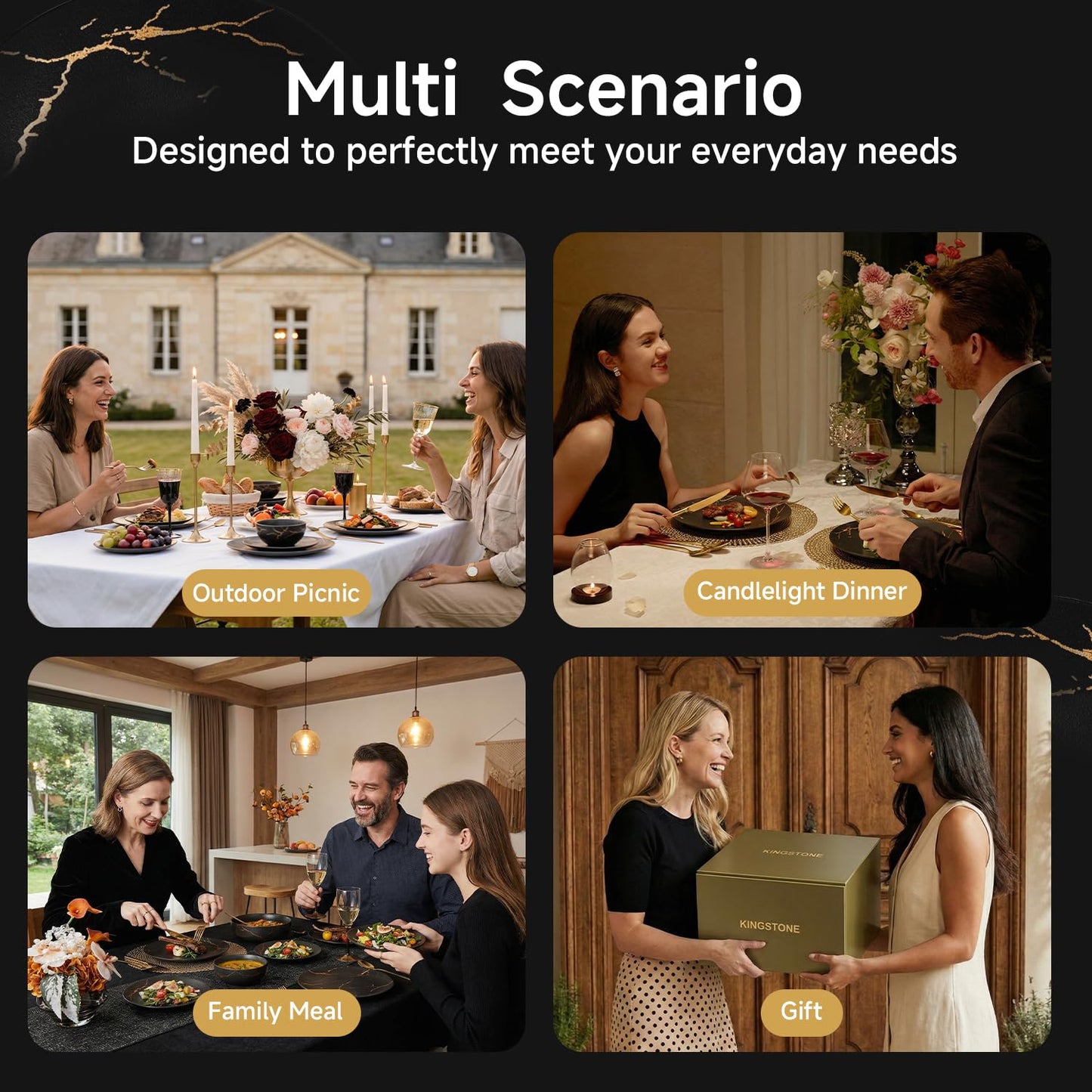 KINGSTONE Porcelain Dinnerware Sets for 8 | 24 Piece Plates and Bowls Sets Kitchen Dishes Scratch Resistant Matte Black Gold Vein Dinner Salad Plate Dishware for Party Daily Wedding