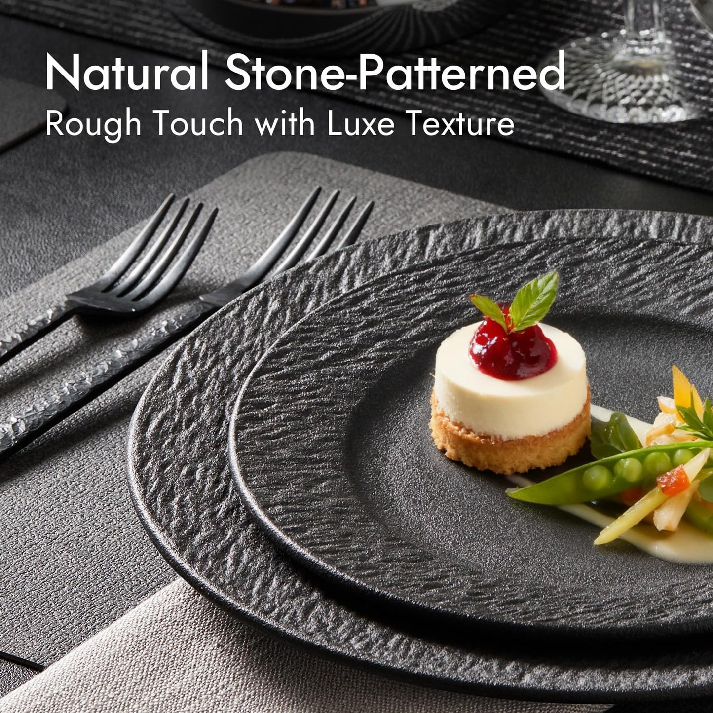 KINGSTONE Black Dinnerware Sets, 24-Piece Matte Marble Pattern Premium Porcelain, Place Setting with Dinner Plate, Salad Plate, Pasta Bowl, Microwave and Dishwasher Safe
