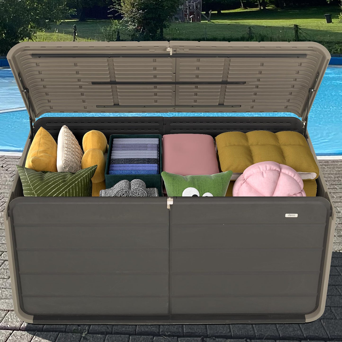 Domi 260 Gallon Resin Deck Box, Waterproof & UV-Resistant Outdoor Large Storage Box Lockable Storage Bin for Patio Cushions Pool Supplies Garden Tools and Delivery Storage