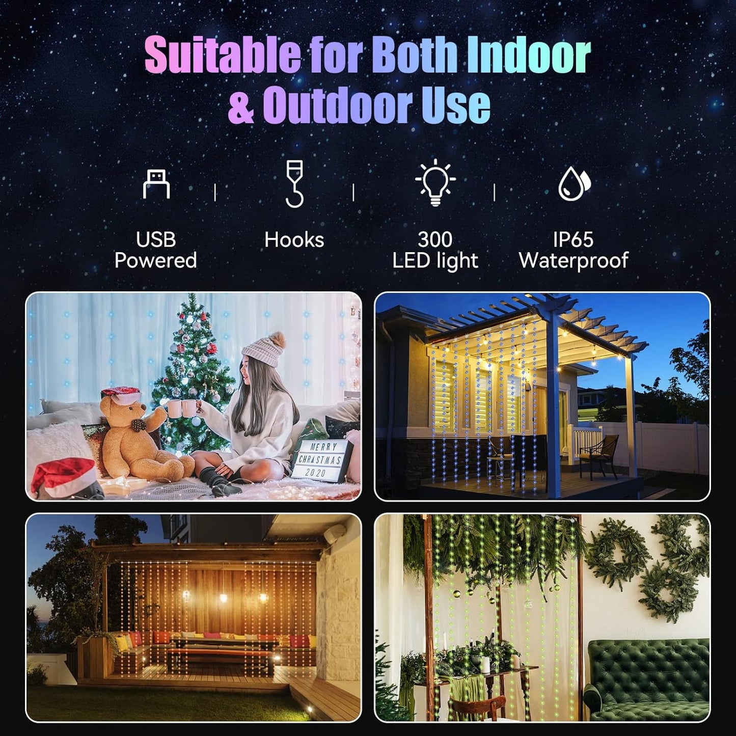300 4 Dazzle Bright Window Curtain Fairy Lights, LED RGB Color Changing Copper Fairy Lights with Remote, Lighting Modes