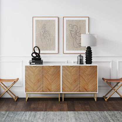Nathan James Enloe Modern Storage Free Standing Accent Cabinet TV Stand with Doors in a Rustic Pine Wood Finish and Gold Metal Base for Hallway, Entryway or Living Room, Brown/White/Gold, Set of 2