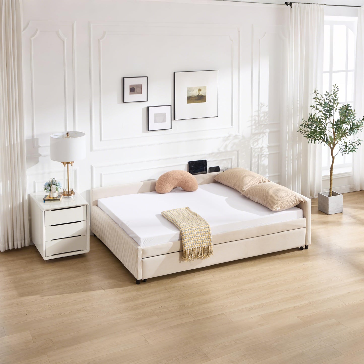 DNYN L-Shaped Corner Daybed with Pull-Out Trundle and Dual USB Ports for Bedroom/Guest Room, Velvet Bed Frame w/Wooden Slats Support and LED, Space-Saving & No Box Spring Needed, Beige