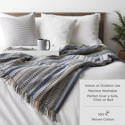 DII Modern Cotton Geometric Blanket Throw with Fringe for Chair, Couch, Picnic, Camping, Beach, & Keep Cozy with Everyday Use, 50x60, Off-White