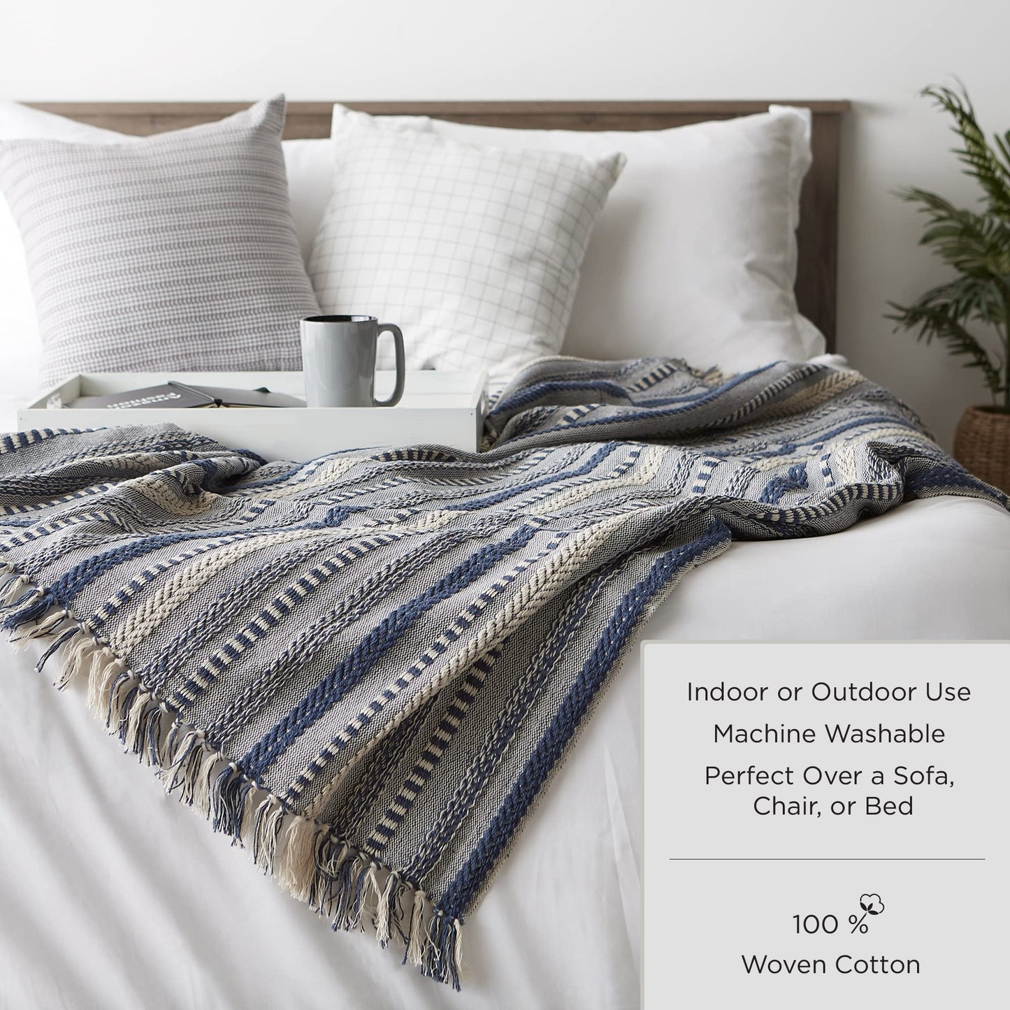 DII Farmhouse Woven Throw, 50x60 with 3" Fringe, French Blue