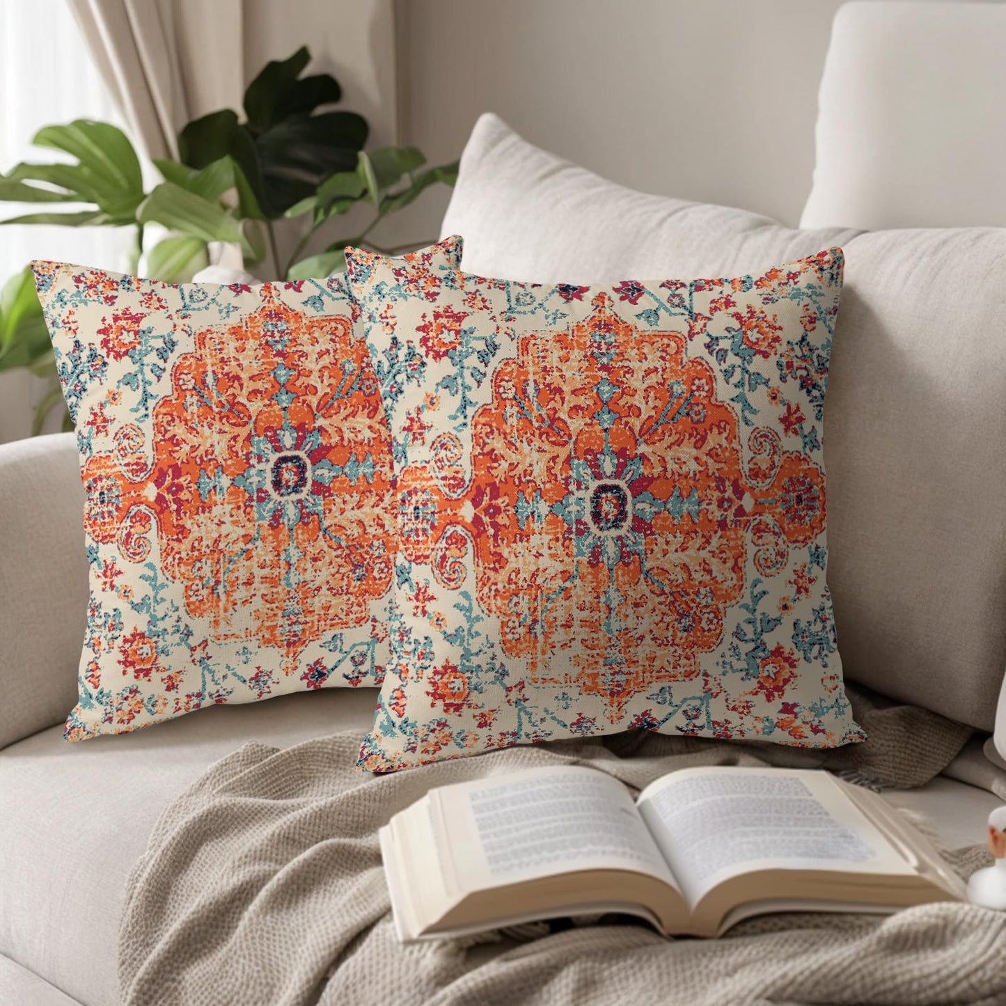 Boho Ethnic Pillow Covers 18x18 Inch Set of 2 Bohemian Rust Carpet Throw Pillows For Couch Burnt Orange Blue Teal Geometric Decorative Pillow Cases Farmhouse Home Decor For Couch Sofa Room Outdoor