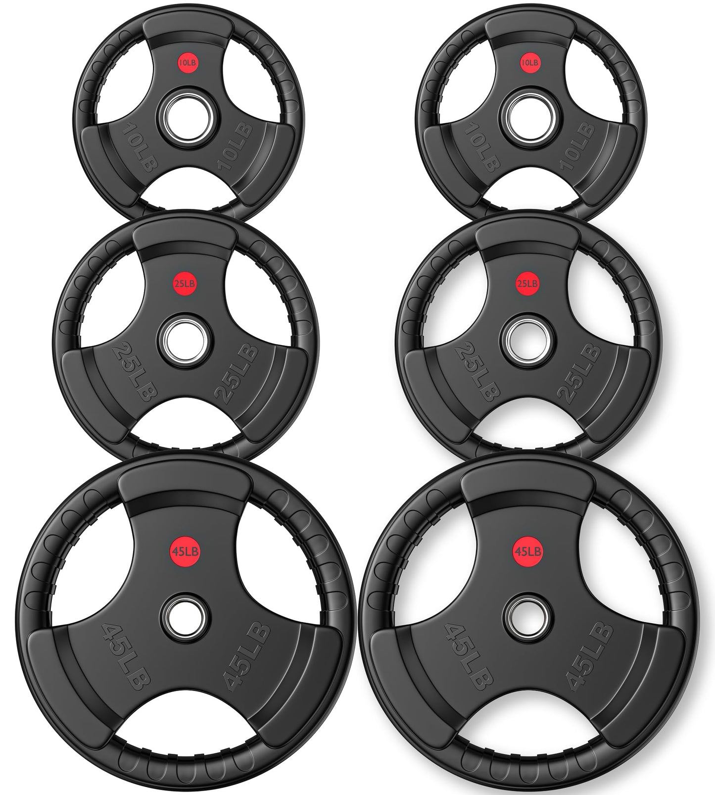 Gikpal Olympic Weight Plates, 2-Inch Three-Grip Rubber Coated Barbell Plates with Steel Hub, Cast Iron Weights for Strength Training & Home Gym, Pair or Sets (2.5–45LB)
