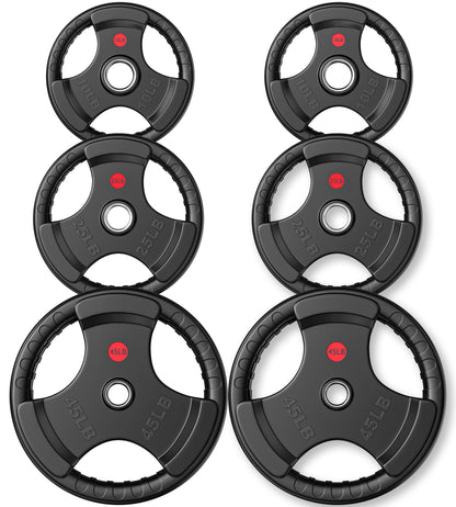 Gikpal Olympic Weight Plates, 2-Inch Three-Grip Rubber Coated Barbell Plates with Steel Hub, Cast Iron Weights for Strength Training & Home Gym, Pair or Sets (2.5–45LB)