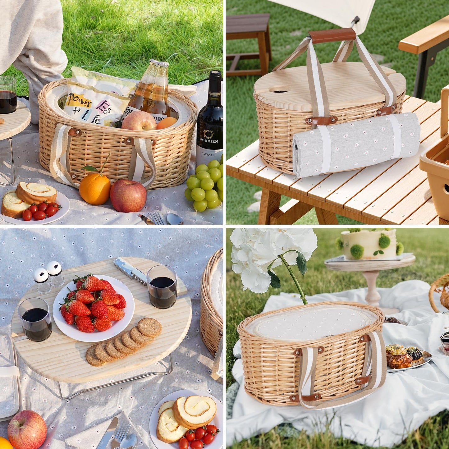 Zettfuly Picnic Basket Set for 2 - Wicker Insulated Picnic Basket with Waterproof Blanket, Folding Wine Picnic Table & Cutlery Kits, Picnic Baskets Kit for Camping, Outdoor, Valentine (White Flower)