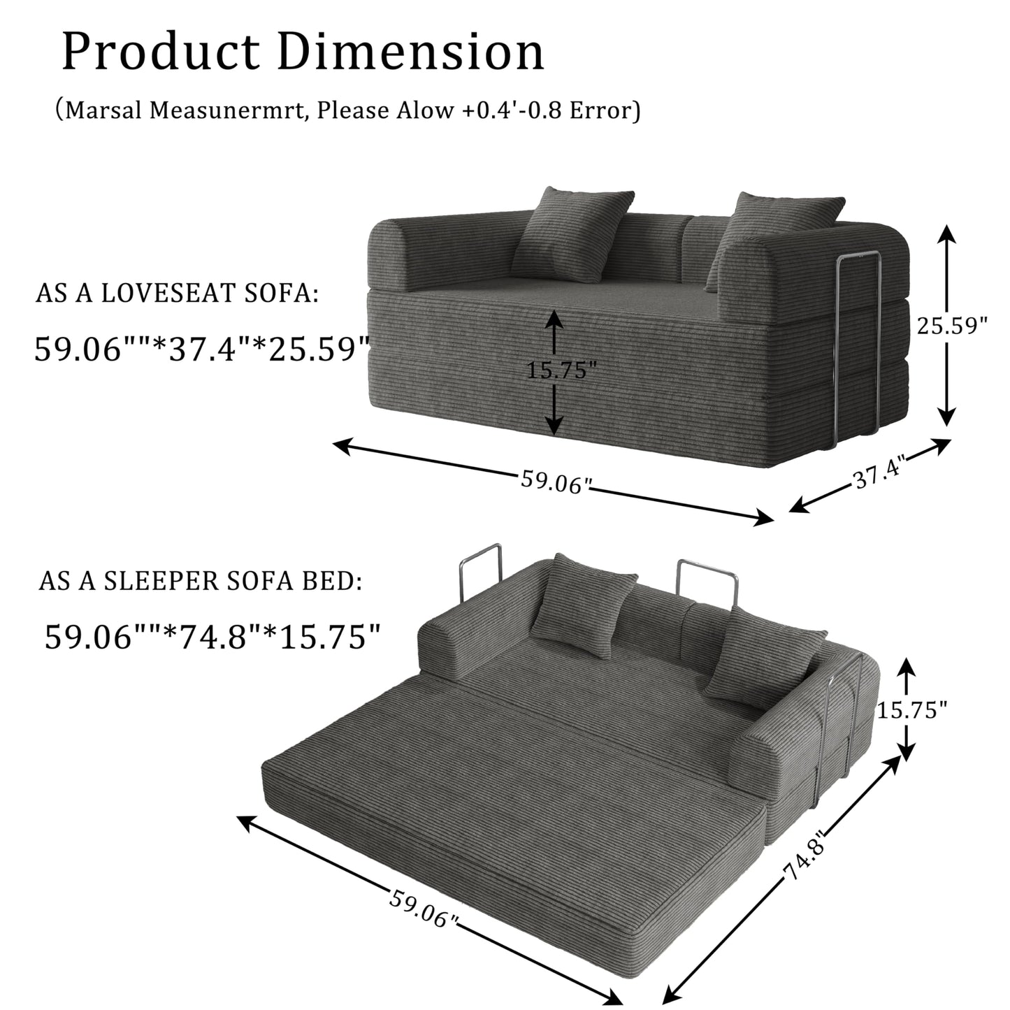 HouseMila 59" Boneless Couch,4-in-1 Futon Sofa Bed Modular Loveseat Sleeper Folding Compressed Couch with Pillows,No Assembly Required Convertible Sofa Bed for Living Room Bedroom Guest Room,Grey