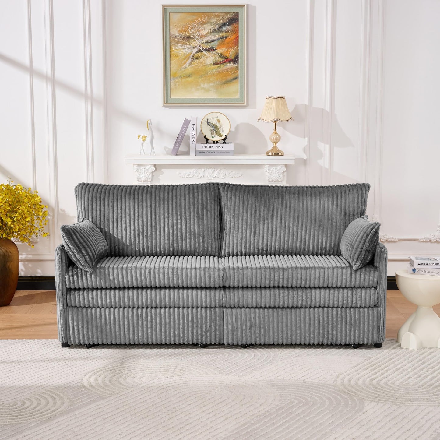 KEIKI 73" 3-in-1 Pull Out Sofa Bed, Convertible Corduroy Sleeper Sofa with USB Ports & Side Pockets, Modern Futon Couch for Living Room, Apartment or Bedroom, Gray