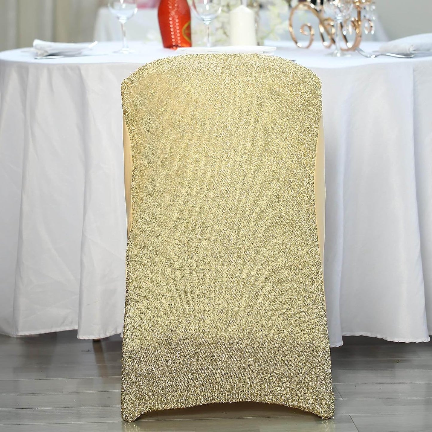1 Set Efavormart Champagne Spandex Stretch Folding Chair Covers for Party Dining Chairs W/Metallic Glittering Back