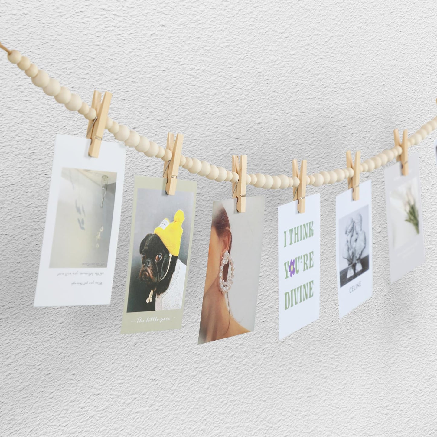 KLOGTSIND Hanging Photo Display Wall Decor, 2PCS Boho Wooden Bead Garland Collage Picture Frame with 9 Wood Clips for Bedroom, Living Room, Office, Dorm Decor, Photos Holder Teen Girl Gifts