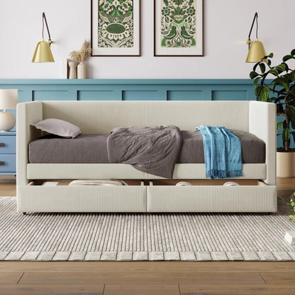 Merax Twin Size Corduroy Daybed with Two Drawers and Wood Slat,Sofa Bed Frame for Bedroom,Teens,Beige