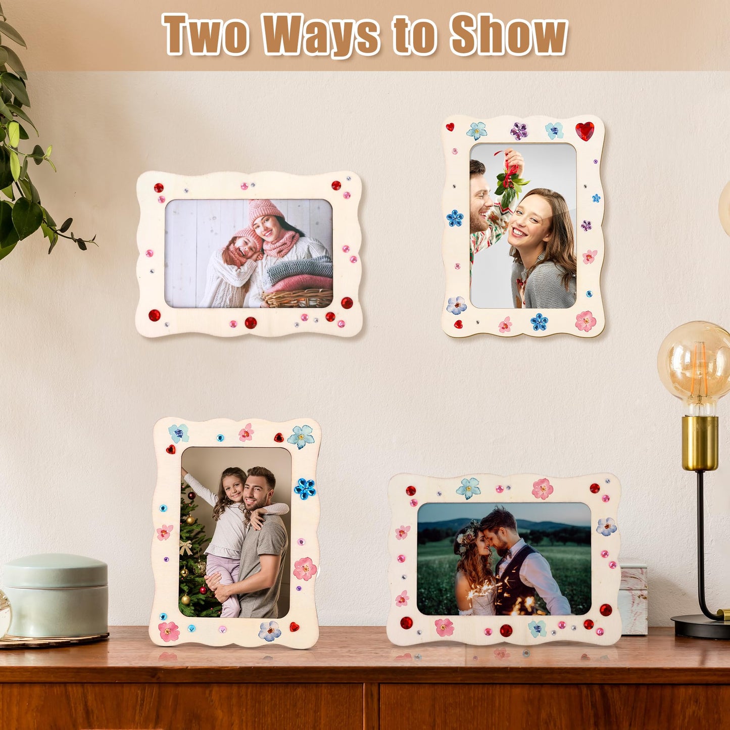 Fovths 12 Pcs Wooden Picture Frames, 7.5" x 5.5" Unfinished Wood Photo Frames with Stand, DIY Wooden Craft Frame with Stickers Painting Tools for Craft Paint and Decorate, Tabletop Display