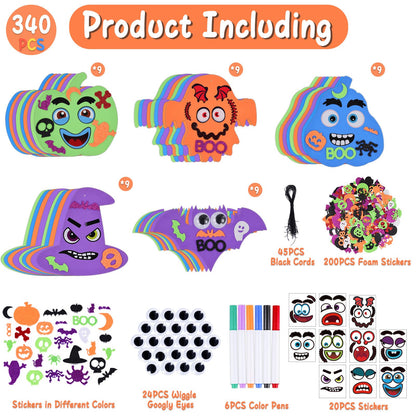 340PCS Halloween Foam Stickers Set, Halloween Crafts for Kids with Pumpkins Ghost Bat Spider Witch Hat DIY Craft Kit for Classroom Activities Party Favors Supplies