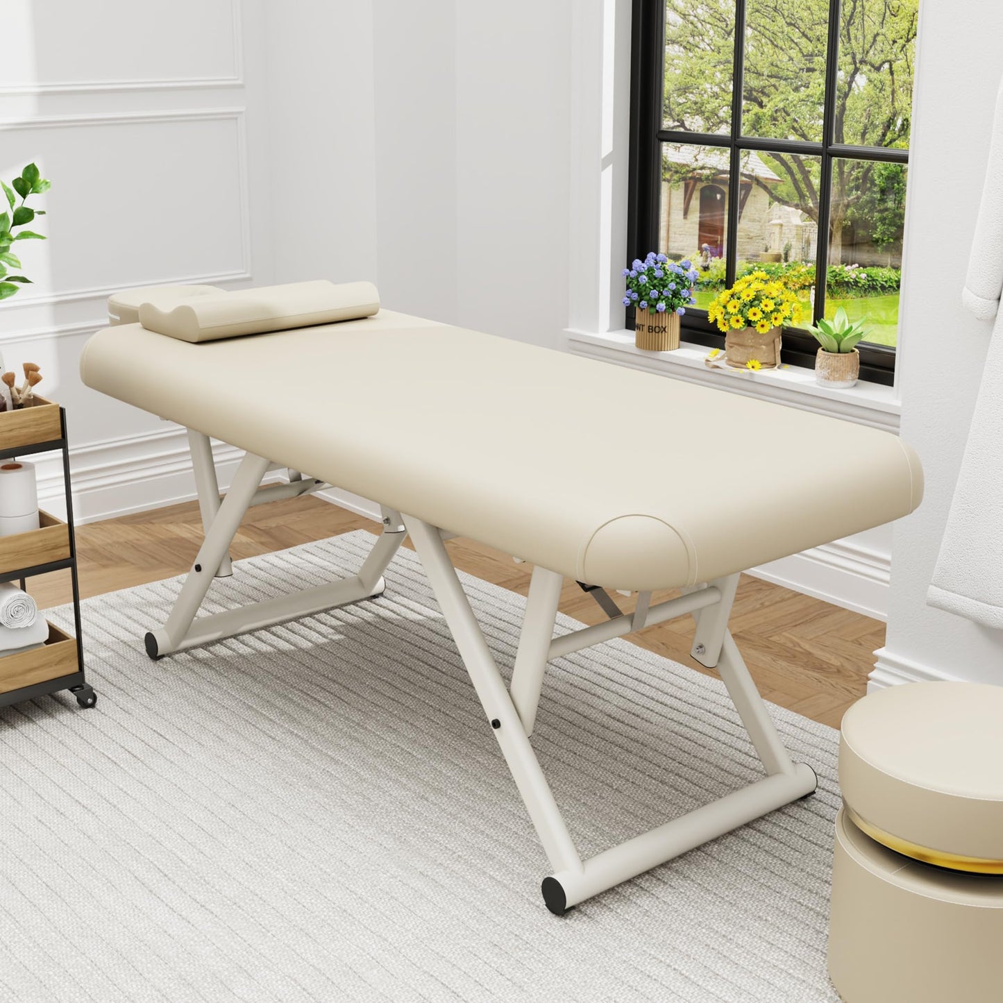 pouseayar Adjustable Massage Table with Face Pillow & Headrest, Sturdy and Solid, Silent and Easy to Adjust for Treatment Table Physical Therapy Table Spa Facial Bed - Fixed Backrest, Beige Gray