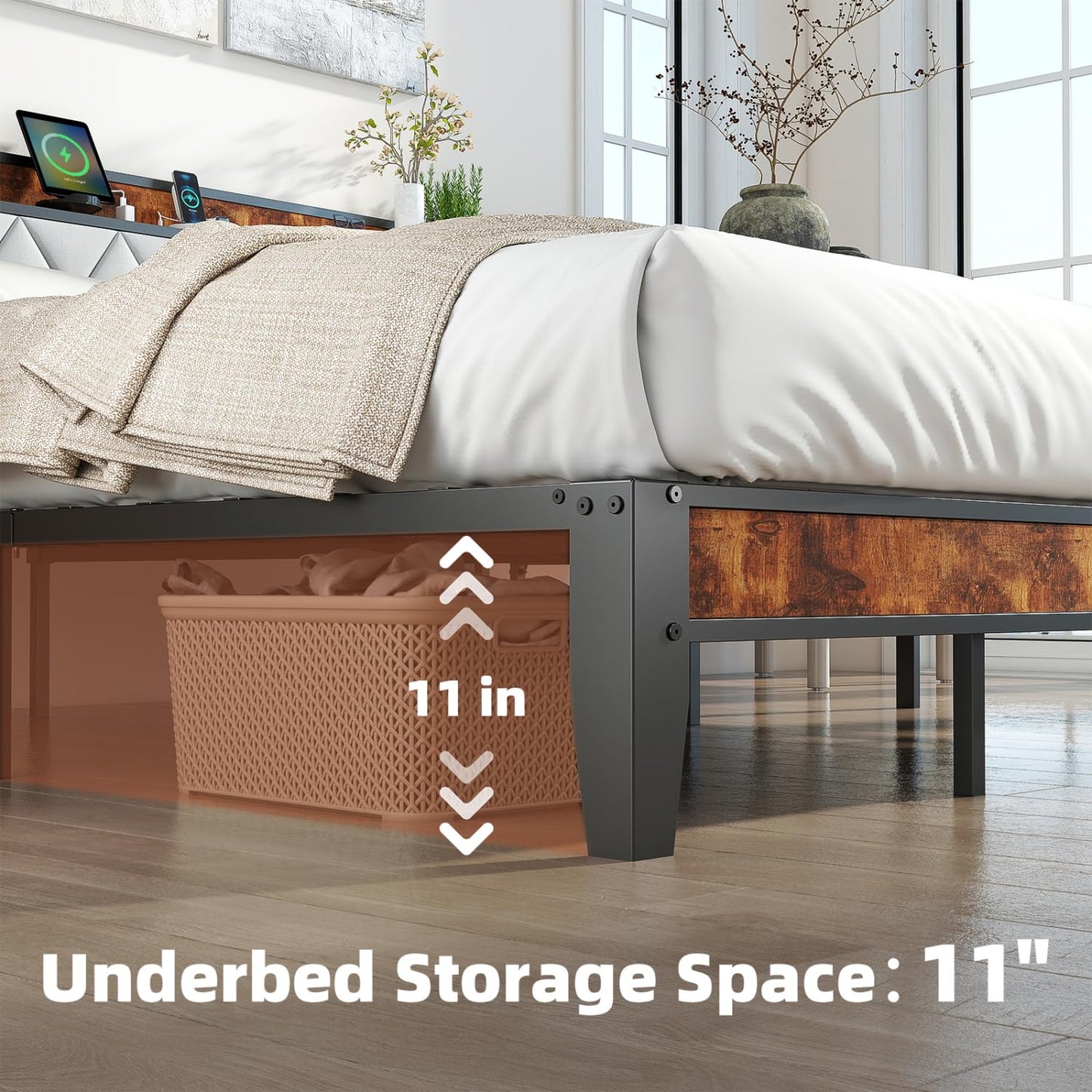 UOCFYK Queen Bed Frame, Platform Bed Frame with Storage Headboard with Charging Station, All Sturdy Metal Support, No Box Spring Needed, Easily Assemble, Grey + Brown