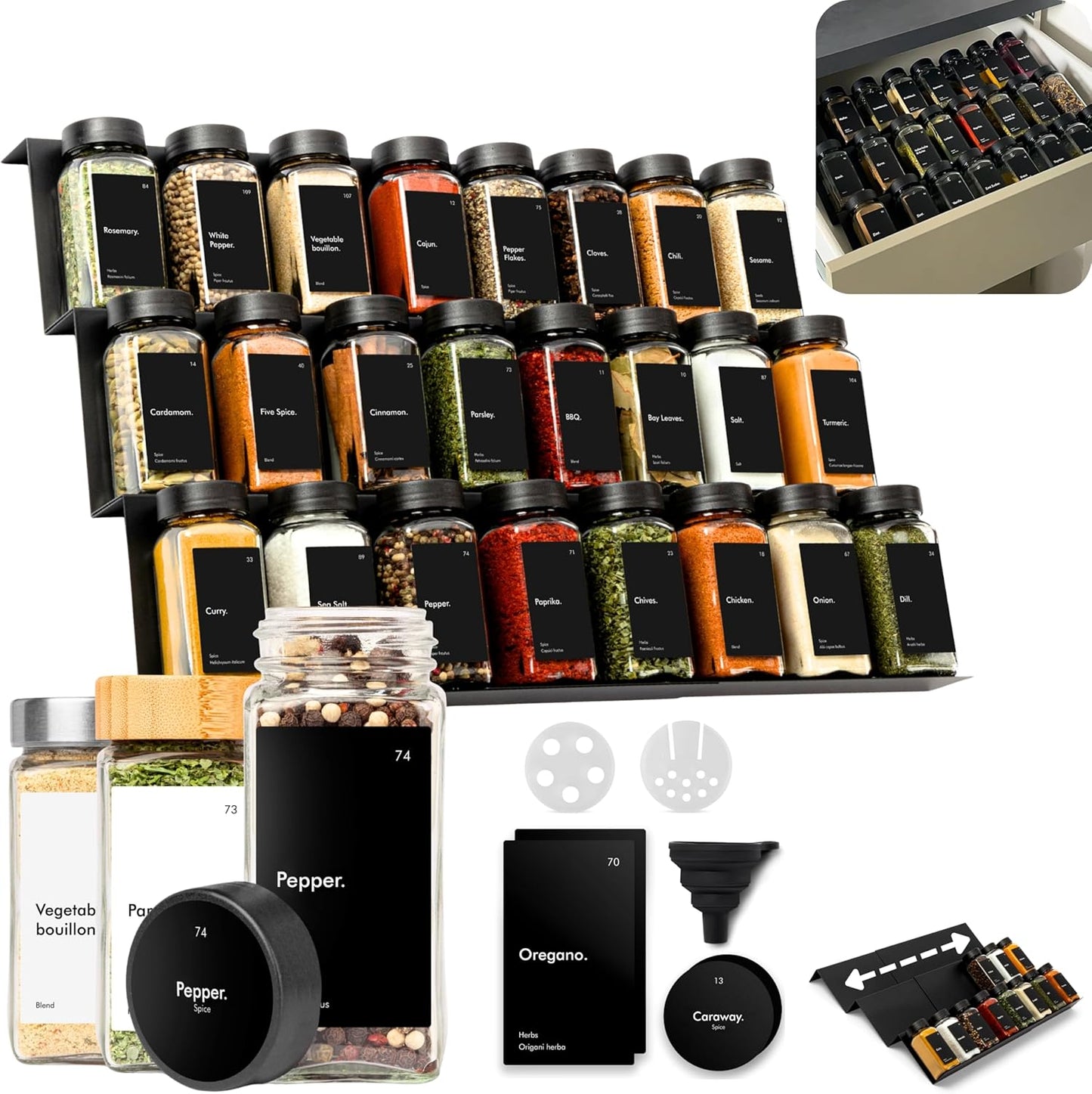 24 240 KIVY Spice Drawer Organizer with Spice Jars & Labels - Seasoning Rack for Organization - Kitchen Drawer Insert