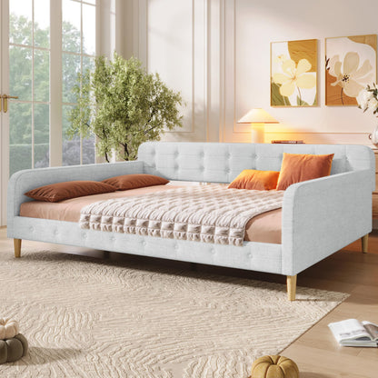 GDFStudio Queen Size Upholstered Daybed with Linen, Solid Pine Wood + MDF Frame, Foam-Filled Backrest, 4 Support Legs, No Box Spring Needed, Sturdy Queen Sofa Bed for Living Room or Guest Room, Beige