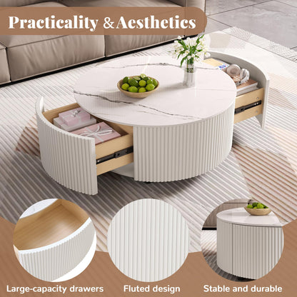 Merax 29.5" Round Fluted Coffee Table for Living Room, Movable Accent Table with Casters and 2 Storage Drawers, Marble Pattern Sintered Stone Top, White