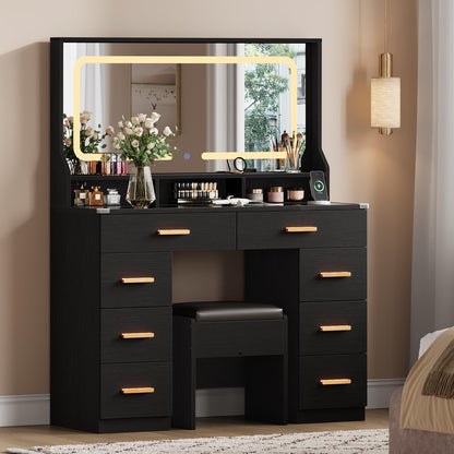 GarveeHome Makeup Vanity Desk with LED Mirror & Charging Station, 42" Dressing Table with Cushioned Stool, Glass Top & 8 Drawers & Hairdryer Rack, for Modern Bedroom Dressing Room, Black