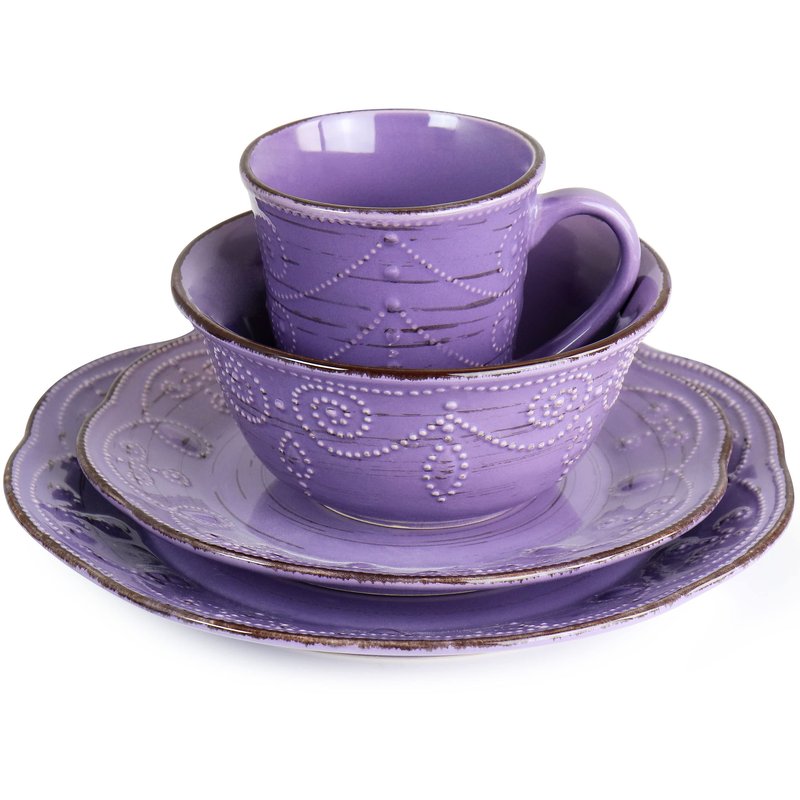 Elama Rustic Birch 16 Piece Stoneware Dinnerware Set in Purple, Purple with Brown Accents, (EL-RUSTICBIRCH)