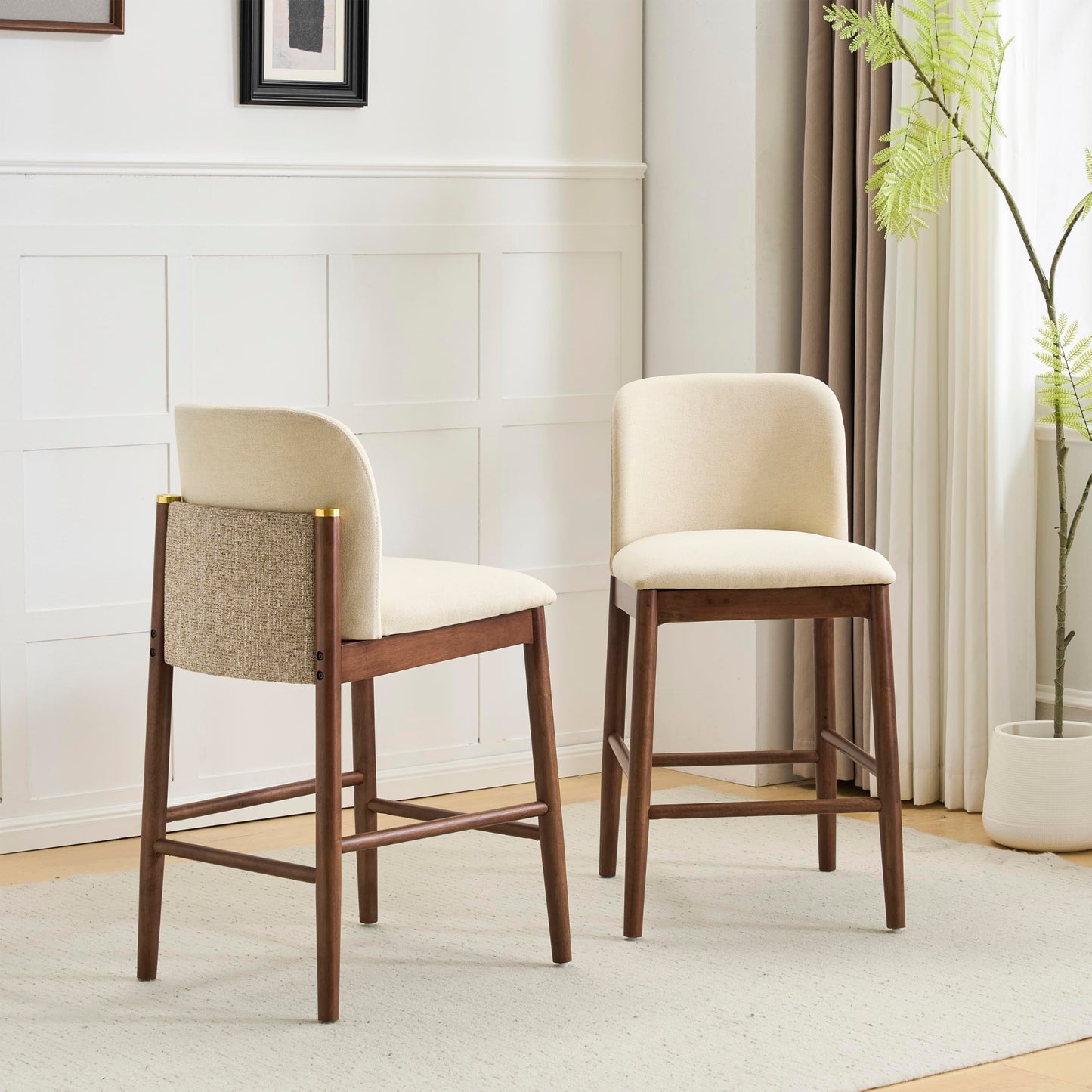 Christopher Knight Home Yumi Counter Height Bar Stools Set of 2, Fabric Upholstered Bar Stool for Kitchen Island, Armless Rubberwood Counter Stools with Solid Backrest + Footrest, Beige + Dark Walnut