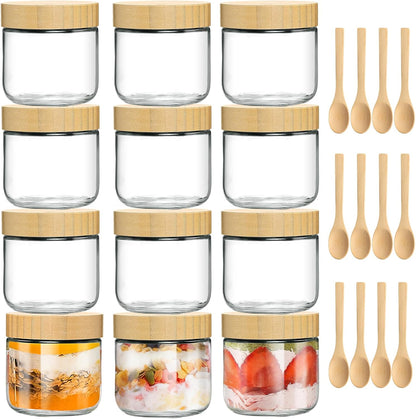 12 Pack 10oz TBWIND Glass Jars with Bamboo Lids, Spoons, Airtight Overnight Oats Containers, Salad & Yogurt Storage