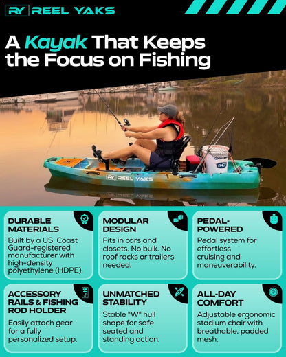 Reel Yaks Radar Modular Fishing Kayak - Propeller Drive, 9.5ft, 400 lbs Capacity, Sunrise - Pedal Fishing Kayaks for Adults & Youth, Sit on Top, Compact Storage, Lightweight, Durable, Easy Transport