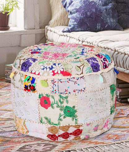 18x13) Aakriti Gallery Indian Pouf Footstool Ethnic Embroidered Pouf Cover, Indian Cotton Round Pouffe Ottoman Pouf