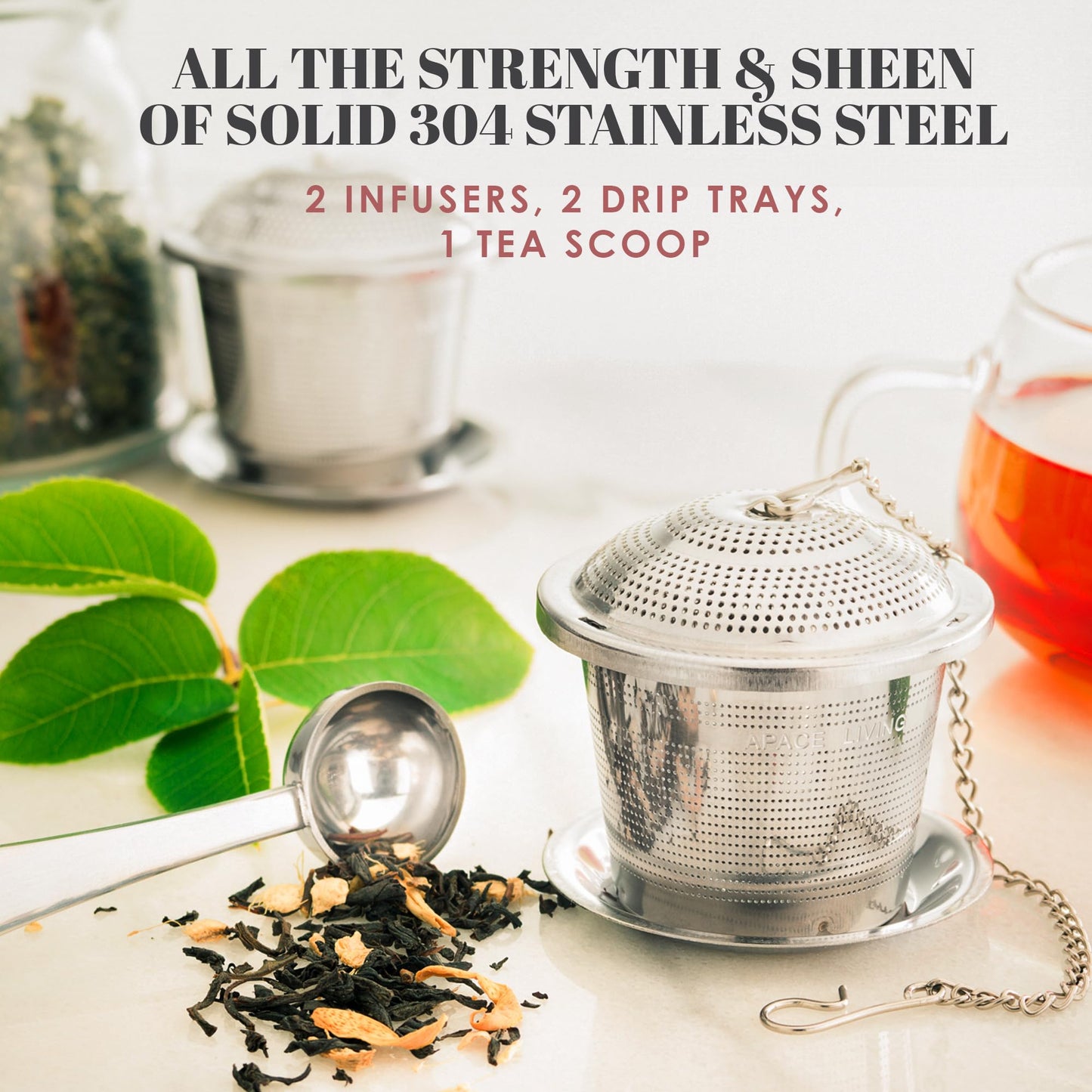 Tea Infuser (Set of 2) with Tea Scoop and Drip Dray - Ultra Fine Tea Strainer for Loose Leaf Tea - Stainless Steel Tea Steeper for a Superior Brewing Experience