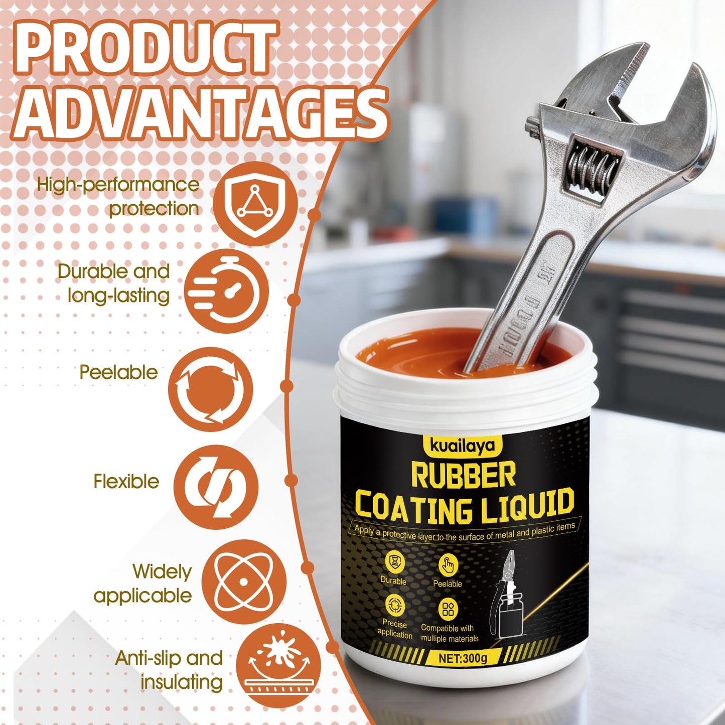 kuailaya Rubber Dip for Tools, Liquid Rubber Dip Tool Handle Dip Coating Effective Protection Slip Resistance Waterproof and Insulating Easy to Peel for Tool Protection, Creative DIY, Orange-red 300g