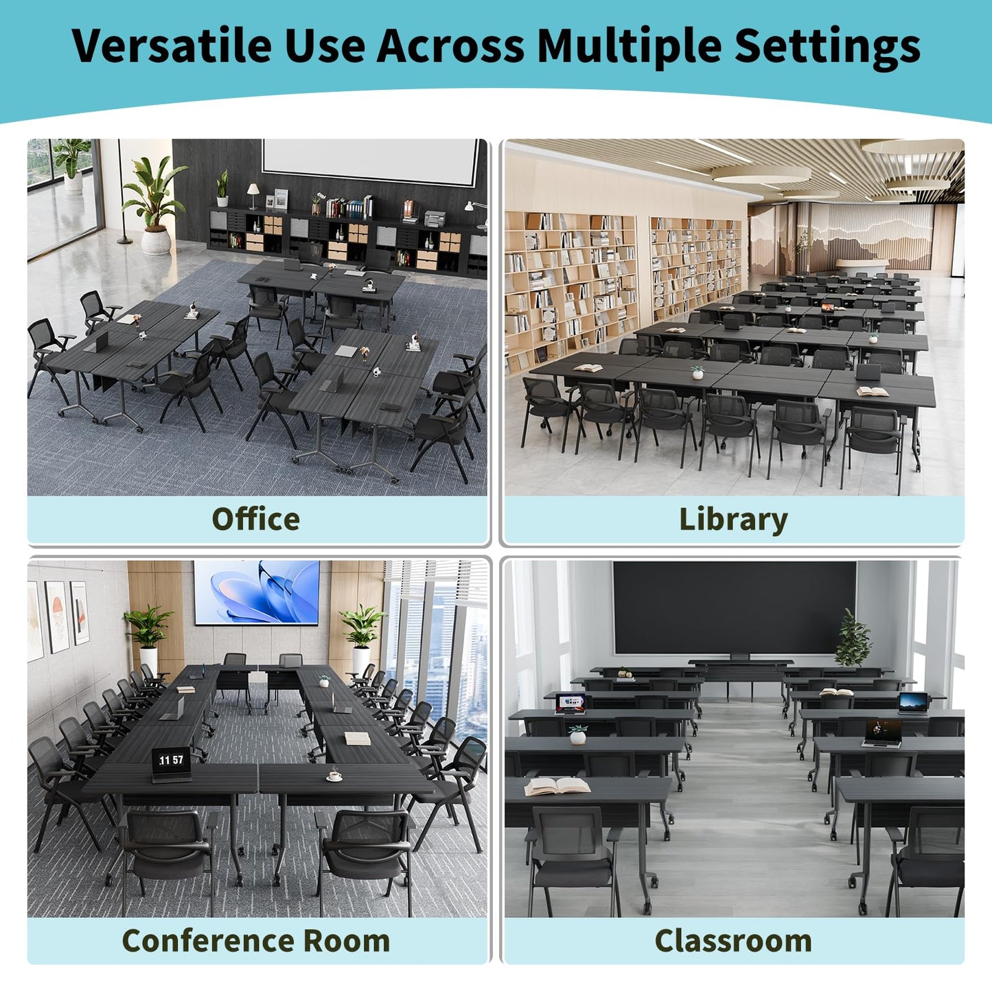 Folding Conference Room Tables with Wheel -Modern Large Modular Conference Table,Stackable Flip Top Training Meeting Table,Space Saving,for Seminar,Office,Classroom(Black A,47IN,2pack)