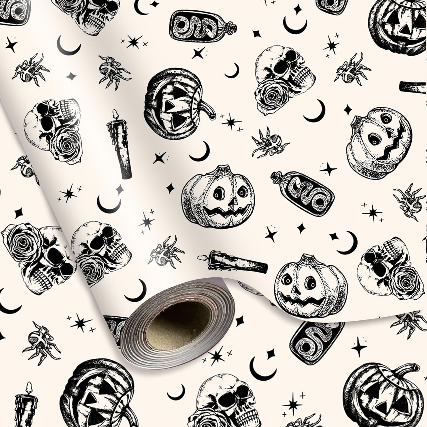 Whaline Halloween Wrapping Paper -Mini Roll- 17 In x 32.8 Ft Beige Black Skull Pumpkin Viper Gift Wrap Paper for Halloween Wrapping Supplies