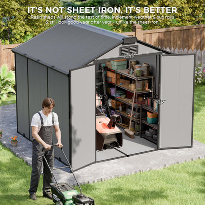 CDCASA 8x8x7 FT Resin Shed with Floor Included, Steel‑Reinforced Large Waterproof Outdoor Storage Sheds with Base & Lockable Door & Window & Vents, Outside Plastic Tool for Outside Patio Backyard