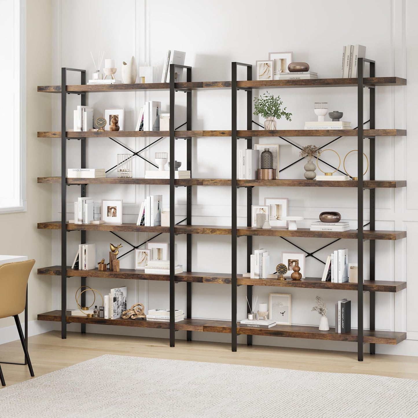 EPLICEMR 6 Tier Bookshelf 2 PCS, 80" H Heavy Duty Bookshelf,120lbs Shelf Capacity, 47" W Wood Industrial Bookshelf, Rustic Open Reinforced Horizontal Shelves for Living Room,Bedroom, Office