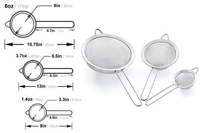 Proto Future Strainer Set Fine Mesh – Premium 304 Stainless Steel (18/8) – 8″, 5.5″ and 3.3″ Sturdy Kitchen Strainers (Silver)