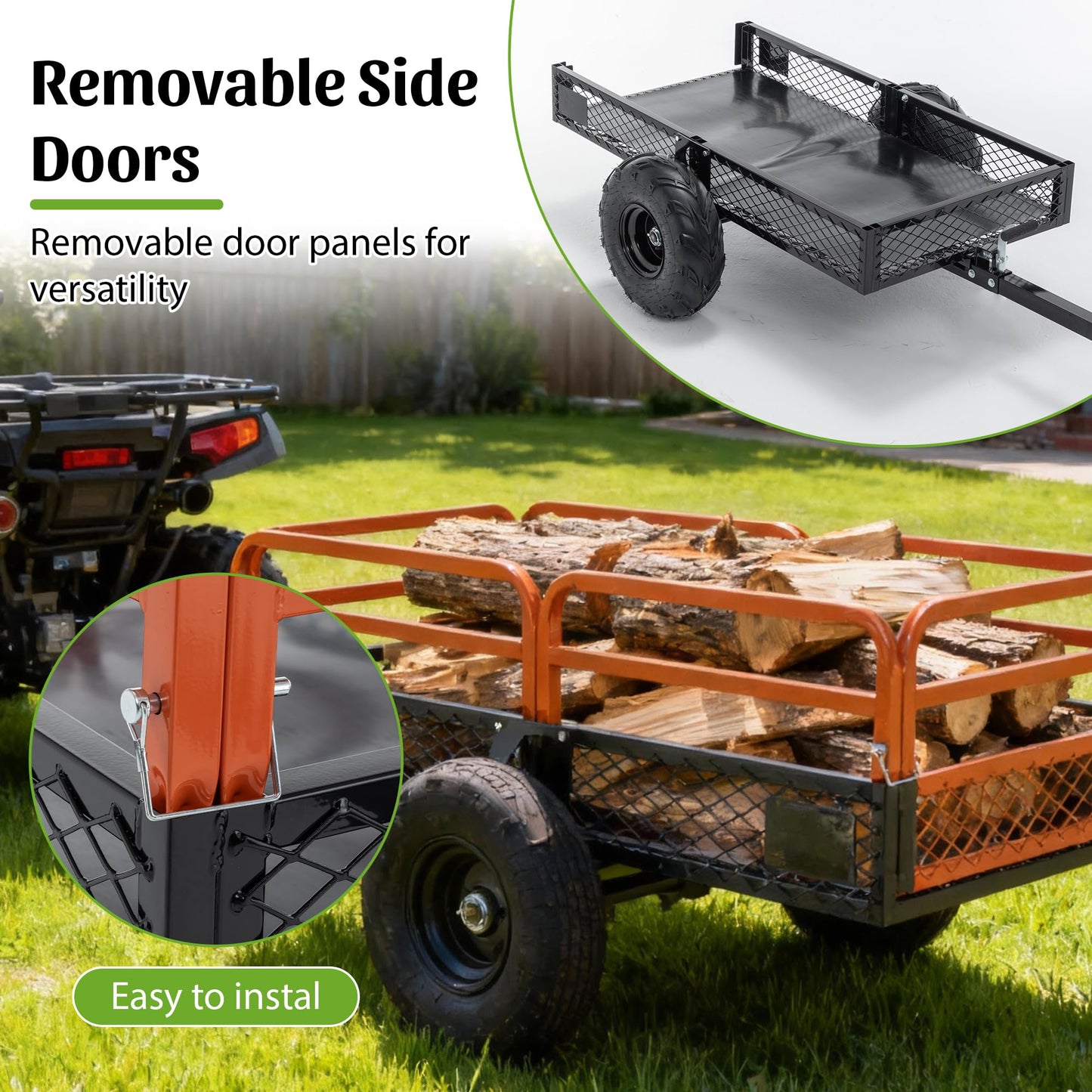 1500LBS Capacity 15 Cubic Feet Dump Cart Trailer, Heavy Duty Tow Behind Hauling Wagon with Dual Control Dumping for ATV UTV, Lawn Tractor and Garden Use