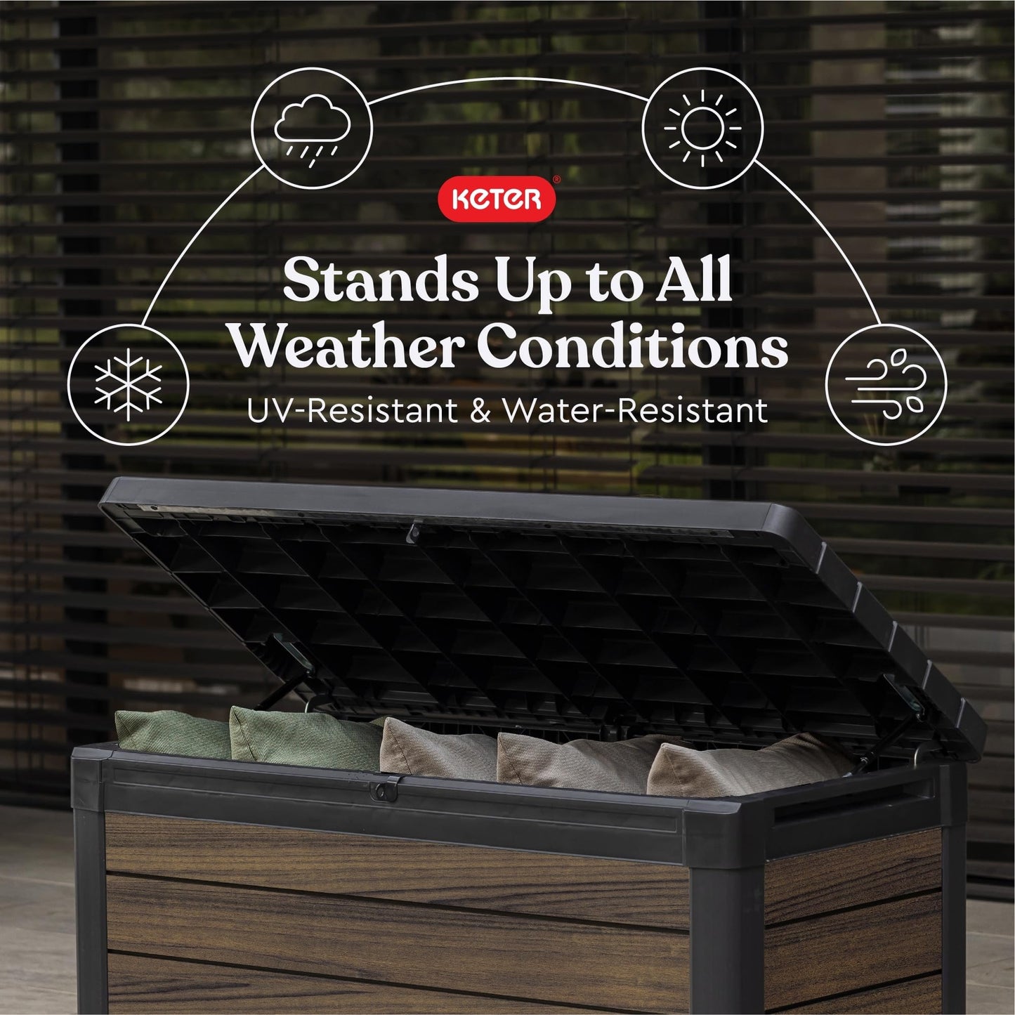 Keter Signature Collection 100 Gallon Resin Deck Box Organization and Storage for Patio Outdoor Cushions, Throw Pillows, Garden Tools and Pool Supplies, Rosewood